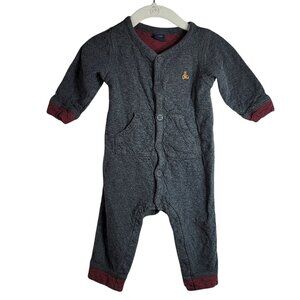 Gap Baby Quilted Romper Gray 6-12M Striped Long Sleeve Snap 100% Cotton Pockets